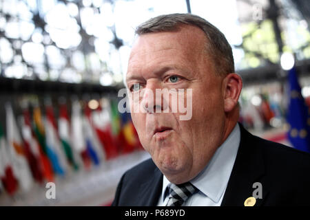 Brüssel, Belgien am Jun 28, 2018. Ministerpräsident von Dänemark, Lars Lokke Rasmussen kommt für ein Treffen mit den Staats- und Regierungschefs der Europäischen Union. Stockfoto