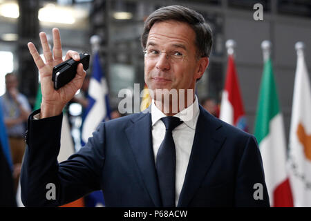 Brüssel, Belgien am Jun 28, 2018 Premierminister der Niederlande, Mark Rutte kommt für ein Treffen mit den Staats- und Regierungschefs der Europäischen Union. Stockfoto