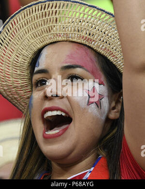 Knittelfeld, Russland. 28 Juni, 2018. Ein Fan von Panama ist vor der 2018 FIFA World Cup Gruppe G Match zwischen Panama und Tunesien in Knittelfeld, Russland, Juni 28, 2018 gesehen. Credit: Lui Siu Wai/Xinhua/Alamy leben Nachrichten Stockfoto