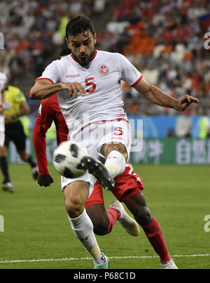 Knittelfeld, Russland. 28 Juni, 2018. Oussama Haddadi Tunesiens konkurriert während der FIFA WM 2018 Gruppe G Match zwischen Panama und Tunesien in Knittelfeld, Russland, 28. Juni 2018. Credit: Er Canling/Xinhua/Alamy leben Nachrichten Stockfoto