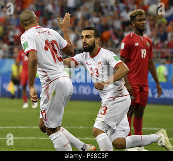 Knittelfeld, Russland. 28 Juni, 2018. Spieler von Tunesien feiern zählen während der FIFA WM 2018 Gruppe G Match zwischen Panama und Tunesien in Knittelfeld, Russland, 28. Juni 2018. Credit: Er Canling/Xinhua/Alamy leben Nachrichten Stockfoto