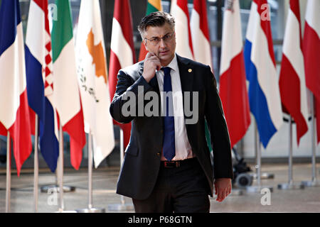 Brüssel, Belgien am 29.06.2018. Premierminister von Kroatien, Andrej Plenkovic kommt für ein Treffen mit den Staats- und Regierungschefs der Europäischen Union Credit: ALEXANDROS MICHAILIDIS/Alamy leben Nachrichten Stockfoto