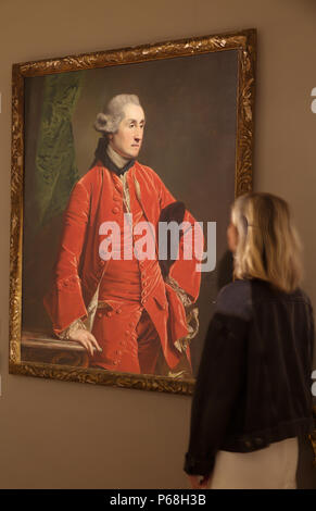 London, Großbritannien. 29 Jun, 2018. Ein Foto für Bonhams Alte Meister Verkauf fand in New Bond Street in London statt. Hogarth, London (1726-1770) Porträt von Robert Francis Burdett, 4 bt., drei Viertel Länge bei £ 25.000 - 35.000 geschätzt. Der Verkauf selbst erfolgt am Mittwoch, den 4. Juli um 14:00 Uhr Credit: Keith Larby/Alamy leben Nachrichten Stockfoto