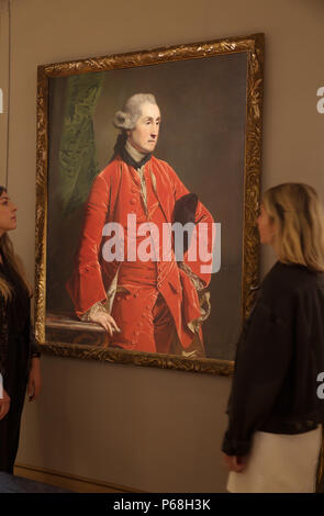 London, Großbritannien. 29 Jun, 2018. Ein Foto für Bonhams Alte Meister Verkauf fand in New Bond Street in London statt. Hogarth, London (1726-1770) Porträt von Robert Francis Burdett, 4 bt., drei Viertel Länge bei £ 25.000 - 35.000 geschätzt. Der Verkauf selbst erfolgt am Mittwoch, den 4. Juli um 14:00 Uhr Credit: Keith Larby/Alamy leben Nachrichten Stockfoto