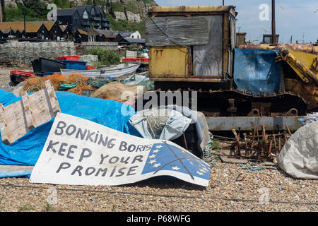 Hastings, Großbritannien, 23. Juni 2018: Bonking Boris halten sie ihre Versprechen, die BRITISCHEN und europäischen union Brexit Debatte Zeichen Stockfoto