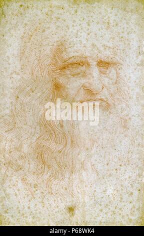 Leonardo da Vinci 1452 - 2. Mai 1519; italienische Renaissance Universalgelehrten: Maler, Bildhauer, Architekt, Musiker, Mathematiker, Ingenieur, Erfinder, Anatom, Geologe, Kartograph, Botaniker, Schriftsteller und 1512 datiert Stockfoto