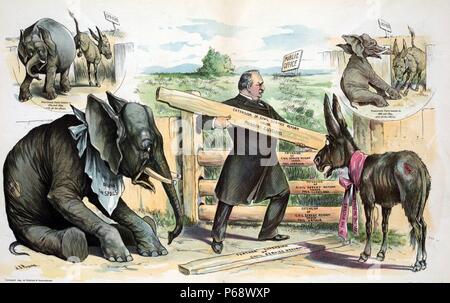 Für ihre eigenen guten Jahr 1895. Drucken zeigt Präsident Cleveland Hinzufügen von Karten mit der Aufschrift "Erweiterung der Reform des öffentlichen Dienstes unter Präsident Cleveland" an einen Zaun mit der Aufschrift "Erweiterung der Reform des öffentlichen Dienstes unter Pres Harrison' Stockfoto