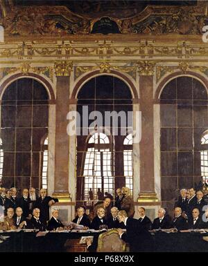 Die Unterzeichnung des Friedens in den Spiegelsaal, Versailles. Von William Orpen (1878-1931), einem irischen Portrait Maler, der vor allem in London gearbeitet, gemalt. Vom 1919. Stockfoto