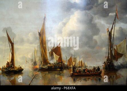 Malerei der Heimat Flotte salutieren State Barge. Gemalt von Jan van de Cappelle (1624-1679). Vom 17. Jahrhundert Stockfoto