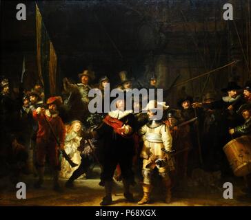 Miliz Unternehmen von Bezirk II unter dem Kommando von Kapitän Frans Banninck Cocq. Gemalt von Rembrandt van Rijn (1606-1669). Vom 17. Jahrhundert Stockfoto