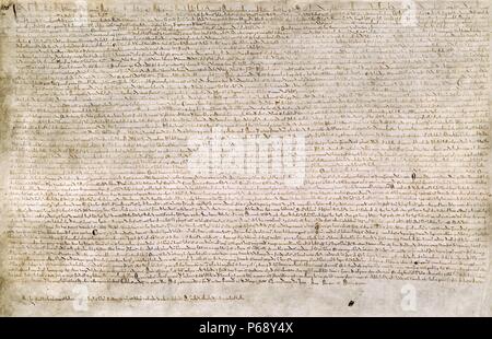 Die große Charter (Magna Carta). Die große Charta der Libertines von England, ist ein Anjou Charta ursprünglich in Lateinamerika herausgegeben. Es war unter Eid von König Johann in Runnymede versiegelt, am Ufer der Themse in der Nähe von Windsor. Vom 13. Jahrhundert Stockfoto