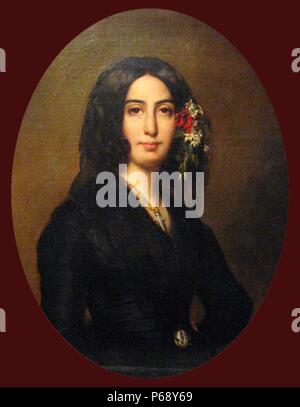 Porträt von George Sand (1804-1876) französische Romancier und Memoirist. Sie ist gleichermaßen gut für Ihre viel publizierte romantischen Angelegenheiten mit einer Reihe von Künstlern, darunter der Pianist Frédéric Chopin und die Schriftstellerin Alfred de Musset bekannt. Von Auguste Charpentier gemalt. Vom 1838 Stockfoto