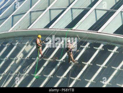 14. Oktober 2009 - Valencia, Spanien - Wartung Arbeiter mit Klettern Ausrüstung ausgestattet sind Reinigung der Glasfassade der Hemisferic (Die Weiße buildin Stockfoto