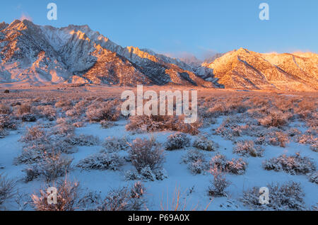 Morgen Sonnenlicht auf die Berge der Sierra Nevada Peaks bei Alabama Hill, Lone Pine, Kalifornien, USA, nach einem späten November Schneesturm Stockfoto