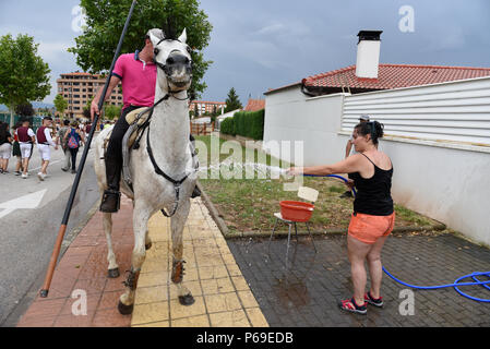 Soria, Spanien. 28 Juni, 2018. Eine Frau, die sprühwasser auf Pferd während der Feier von 'La Saca'. Die Stadt von Soria, im Norden von Spanien, feierte das 12. Jahrhundert Tradition von "La Saca', in der die Bullen, die während der eines Juan 'festival Kampf von Männern reiten Pferde aus dem "Valonsadero' mount die Stierkampfarena in der Mitte der Stadt geführt werden. Credit: Jorge Sanz/Pacific Press/Alamy leben Nachrichten Stockfoto