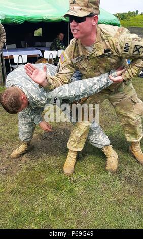 Zeigen Sie Sgt. Logan Hants (Lehrer) und Spc. Ethan Gates (Demonstrator), beide Militärpolizei zugewiesen 1165th Military Police Company, Alabama National Guard, dass Level 3 der Ebenen 1 bis 5 des Kontrollstreifens mechanischen Vorteil am 10. Mai 2016 in Cincu Trainingsbereich, Rumänien hält. MACHs sind eine Reihe von fünf Techniken, die Bewegung, Leverage, Positionierung, Chiro und die Dynamik des Subjekts Körper verwendet, um m/s, das Thema in einer kontrollierten Weise so sicher wie möglich zu unterwerfen zu lassen. Die fünf Laderäume sind entworfen, um von einem zum anderen, in beliebiger Reihenfolge, so dass das Amt fließen Stockfoto