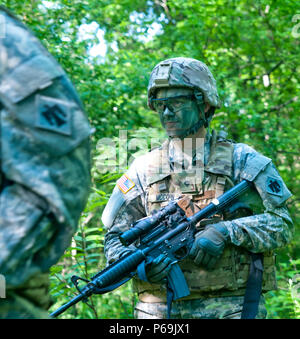 Spc. Jessica McCoin von Slaughterville, Oklahoma, ein Mitglied der 1 Flugplatz Operations Battalion, 245Th Aviation Regiment, 90th Truppe den Befehl, Oklahoma Army National Guard navigiert einen bewaldeten Gelände während der Mobilisierung Training im Camp Gruber, Oklahoma (Oklahoma Army National Guard Foto von SPC. Billie Jean Harr/Freigegeben) Stockfoto