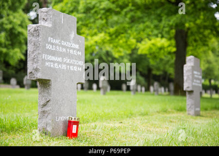 Der Sandweiler Deutsche Kriegsfriedhof in Luxemburg erinnert an 10.913 deutsche Soldaten, die während des Zweiten Weltkriegs in der Ardenschlacht ums Leben kamen. Die Stätte ist mit Grabsteinen, Landschaftsflächen und Gedenkmarkierungen versehen und dient als historische Aufzeichnung und Gedenkstätte. Sie spiegelt die deutschen Militäroperationen in der Ardennenregion wider und ehrt die Opfer der Gefechten im Winter 1944–1945. Stockfoto