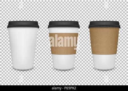 Vektor realistische 3d-Papier Kaffee Tasse Icon Set closeup auf Transparenz grid Hintergrund. Design Template für Grafiken, mockup. Ansicht von vorn Stock Vektor