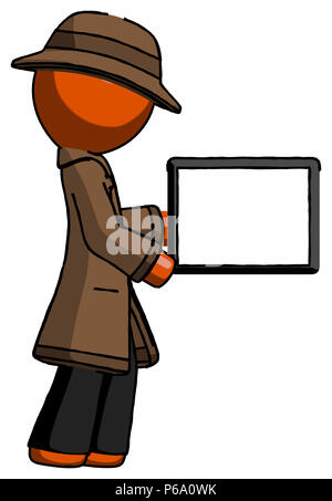 Orange Detektiv Mann zeigen tablet device computer Viewer, leeren Bereich. Stockfoto