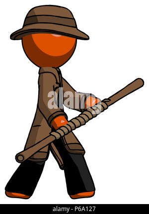 Orange Detektiv Mann hält Bo Personal in seitwärts Verteidigung darstellen. Stockfoto