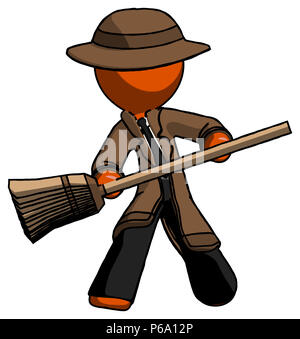 Orange Detektiv mann Besen fighter Verteidigung darstellen. Stockfoto