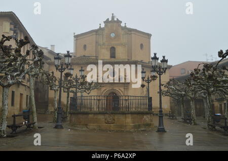 Hauptfassade des Basílic Nuestra Señora la Virgen de la Plaza auf einer sehr bewölkten Tag in Elciego. Architektur, Kunst, Geschichte, Reisen. Dezember 26, 2 Stockfoto