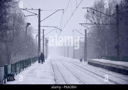 Eisenbahn Landschaft in der kalten Jahreszeit. Schneebedeckten Bahnhof Plattform und Neblig bewölkten Himmel bei starkem Schneefall Stockfoto