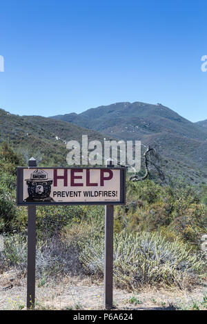 Ein Smokey Bär Warnschild lesen Verhindern, dass Waldbrände im Cleveland National Forest Kalifornien USA Stockfoto