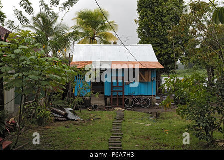 Kleine blaue Holz- Haus in der Stadt von Tortuguero, Costa Rica Stockfoto