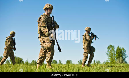 Verteidiger aus der 791 . Rakete Sicherheitskräfte Geschwader nahmen an jährlichen taktische Schulung am Minot Air Force Base, N.D., 23. Mai 2016. Ausbildung Stationen erlaubt SF Mitglieder kleine Einheit Kampftaktik zu üben, beschäftigen inert Rauchgranaten und Unfallversicherung Versorgung und Evakuierung durchführen. Diese Übungen waren nur ein kleiner Teil der taktischen Manöver training SF Mitglieder erhalten jährlich. (U.S. Air Force Fotos/Airman 1st Class J.T. Armstrong) Stockfoto