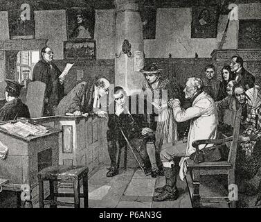 Freier Beruf. 19. Rechtsanwalt und Dorfbewohner vor Gericht. Die Urteilsverkündung im Gerichtshof. Kupferstich von Knesing, 'La Ilustracion', 1882. Stockfoto