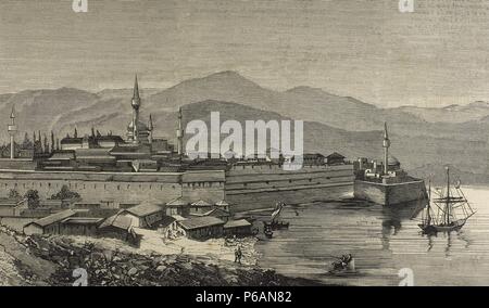 Albanien. des 19. Jahrhunderts. Janina. Panorama. Kupferstich von Rico. Die spanischen und amerikanischen Illustration, 1880. Stockfoto