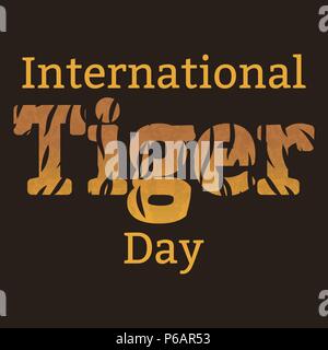 Internationale Tiger Tag. Juli 29. Das Konzept einer ökologischen Urlaub. Wilde Säugetier ist ein Tier. Cartoon Stil. Der Name der Veranstaltung, die Textur des Stock Vektor