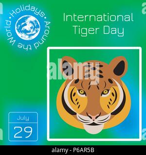 Internationale Tiger Tag. Juli 29. Wilde Säugetier ist ein Tier. Cartoon Stil. Kalender. Urlaub rund um die Welt. Ereignis des Tages. Grüne blur backgrou Stock Vektor