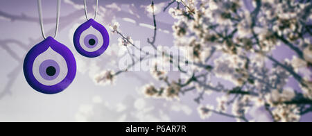 Für den Frühling, der böse Blick, Türkische Tradition. Glücksbringer und Mandel- oder Kirschbaum blüht, Banner. 3D-Darstellung Stockfoto