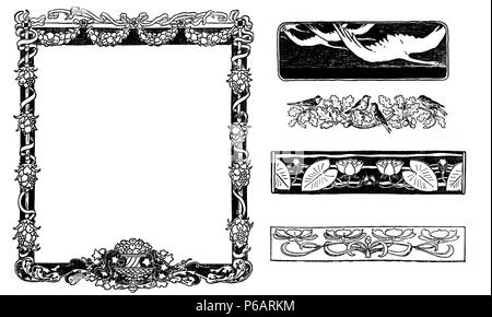Typografische dekorative Art déco-Elemente early'900: Floral frame, Banner, Grenzen und Ende Kapitel Dekorationen Stockfoto