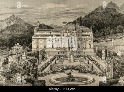 Ludwig II. von Bayern (1845-1886). König von Bayern. Schloss Linderhof. Gravur in der spanischen und amerikanischen Illustration, 1886. Stockfoto