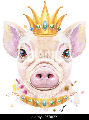 Süße Schweinchen. Schwein für T-shirt Grafiken. Aquarell rosa Mini Schwein Abbildung mit Krone Stockfoto