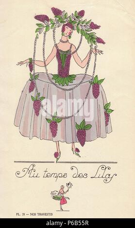 Frau im Kostüm als lila Blumen, Au temps des lilas, in lila Kleid mit Oberteil und Hut mit Blumen geschmückt. Von einem Gedicht von Maurice Lourmel inspiriert. Von unbekannter Künstler mit Pochoir Schablone handcoloring von "Nos Travesti" (unsere Kostüme), Paris, 1928 Lithographie. Stockfoto