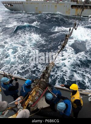 170224-N-HI 376-106 EAST CHINA SEA (Feb. 24, 2017) Segler der Arleigh-Burke-Klasse geführte Anti-raketen-Zerstörer USS McCampbell (DDG85) Kraftstoffleitungen anschließen Während einer Auffüllung-auf-See mit der Flotte Auffüllung öler USNS Pecos (T-AO 197). McCampbell ist auf Patrouille in den USA 7 Flotte Bereich für Maßnahmen zur Erhöhung der Sicherheit und Stabilität in der Indo-Asia-Pazifik-Region. (U.S. Marine Foto von Mass Communication Specialist 2. Klasse Jeremy Graham/Freigegeben) Stockfoto