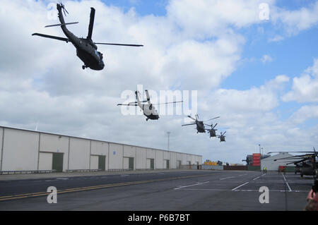 5 4 Combat Aviation Brigade, 4 Infanterie Division Black Hawk Hubschrauber heben Sie im Hafen von Rotterdam, Donnerstag, 21. Juni Anfang an Bewegung zu Illesheim, Deutschland. Das Flugzeug und Ausrüstung für das 4.CAB aus Ft. Carson, Colorado angekommen und war in Rotterdam 20. Juni verschoben. Sie sind bereitstellen zu Europa für neun Monate zur Unterstützung der Atlantischen Lösen mit 52 UH-60 und HH-60 Schwarze Falken, 12 CH-47 Chinook, 24 AH-64 Apaches und 1.500 Stücke der Ausrüstung als dritte Ferse - - toe Drehung eines U.S. Army Aviation Brigade. Für die nächsten neun Monate 4 CAB in Mi teilnehmen Stockfoto