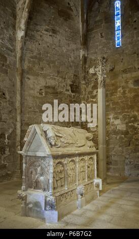 Gotische Kunst. Spanien. Katalonien. Kirche St. Maria de Bell-Lloc. 13. Jahrhundert. Grab von Pere V von Queralt und Alamanda Rocaberti, 1363-1370. Von Pere Ciroll und Pere Aguilar. Santa Coloma de Queralt. Stockfoto