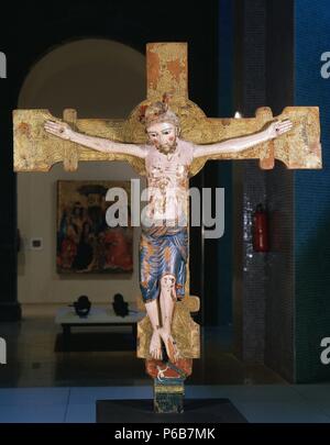 Escunhau Christus. Polychrome Holzschnitzerei. Romanische. 13. Jahrhundert. Katalonien. Spanien. Stockfoto