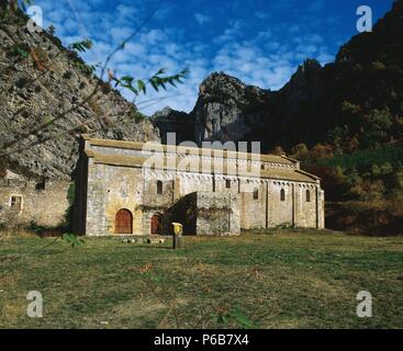 Spanien. Beranuy. Kloster der Heiligen Maria von Obarra. 12.-13. Jahrhundert. Von außen. Stockfoto