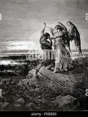 Jakob ringt mit dem Engel. Kupferstich von Ludwig. Die Bibel in Bildern von Gustave Dore. des 19. Jahrhunderts. Stockfoto