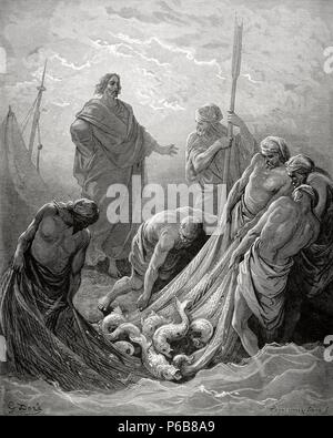 Neuen Testaments. Lukas-Evangelium. Kapitel V. Jesus. Wunderbare Fischerei. Gustave Dore Zeichnung. Kupferstich von Pannemaker. Stockfoto