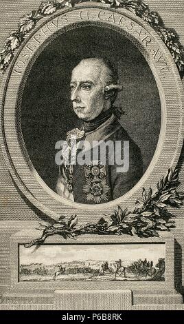 Joseph II. (1741-1790). Kaiser des Heiligen Römischen Reiches. Porträt nach einem Kupferstich von J. Adam. Die Universalgeschichte, 1885. Stockfoto