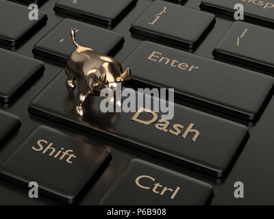 3D-Render von Computer Tastatur mit Bindestrich, und Bull. Cryptocurrencies Konzept. Stockfoto