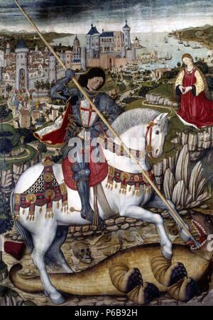 Saint George Slaying Dragon von Pedro Nisart, 1468, Öl auf Holz, 2,84 x 1,87 cm. Museum: Museo Diocesano, Palma de Mallorca. Stockfoto